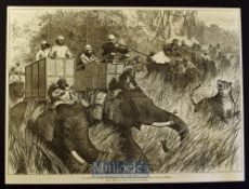 India - Nepal - Tiger Shooting with Sir Jung Bahadoor original engraving 1876 after a drawing by