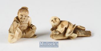 19th century Japanese Carved Ivory Netsukes one of a seated man (A/F) and the other of a child