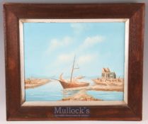 20th century Oil Painting of a Coastal Boat Scene unsigned, in oak frame, painting size 50cm x