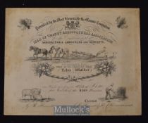 Kent - Isle Of Thanet Agricultural Association 1873 Impressive large Certificate with fine