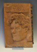 Dylan Thomas Portrait Wood Carving: Carved from one piece of wood and signed JH 1983, 50 x 36cm