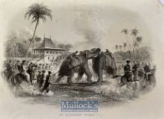 India - An Elephant Fight steel engraving mounted ready to frame measures 25x20cm overall