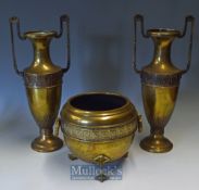 Victorian Aesthetic Brass Vases and Central Jardinière all with fine cast detail and patination,