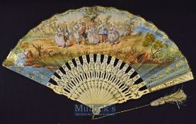 A Beautiful Early European Folding Fan 1820s-40s - With pierced shaped and metal inlaid bone