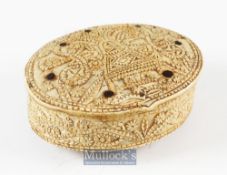 15th c Carved Bone Hinged Box Dated 1488 of oval form with overall carved decoration with repeat