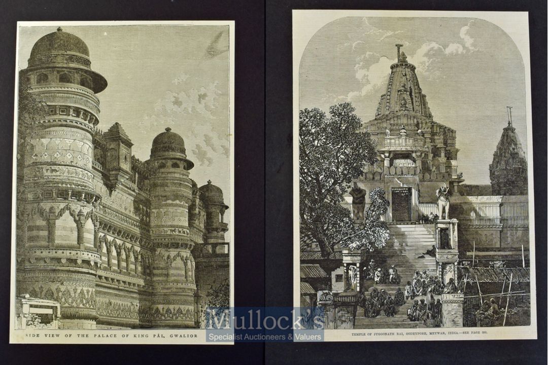 India - Two engravings Temple of Juggonath Rai^ Oodeypore Meywar 1868 and Side View of the Palace of