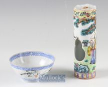 20th century Chinese Porcelain Bird Feeder with enamelled figural design with openings to front