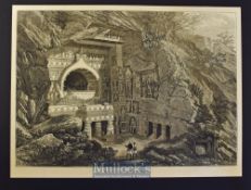 India - Buddhist Rock-Cut Temple^ Ajunta 1876 original engraving with text information to reverse^