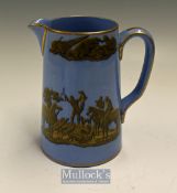 Prattware Ceramics: Scarce Blue Water Jug depicts Fox Hunting in Gold & Black transfer design