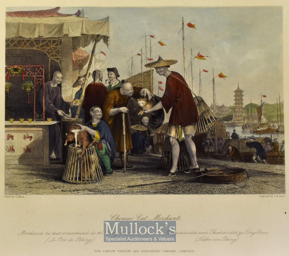 China - 1843 Chinese Cat Merchants coloured engraving drawn by T. Allom measures 25x20cm approx