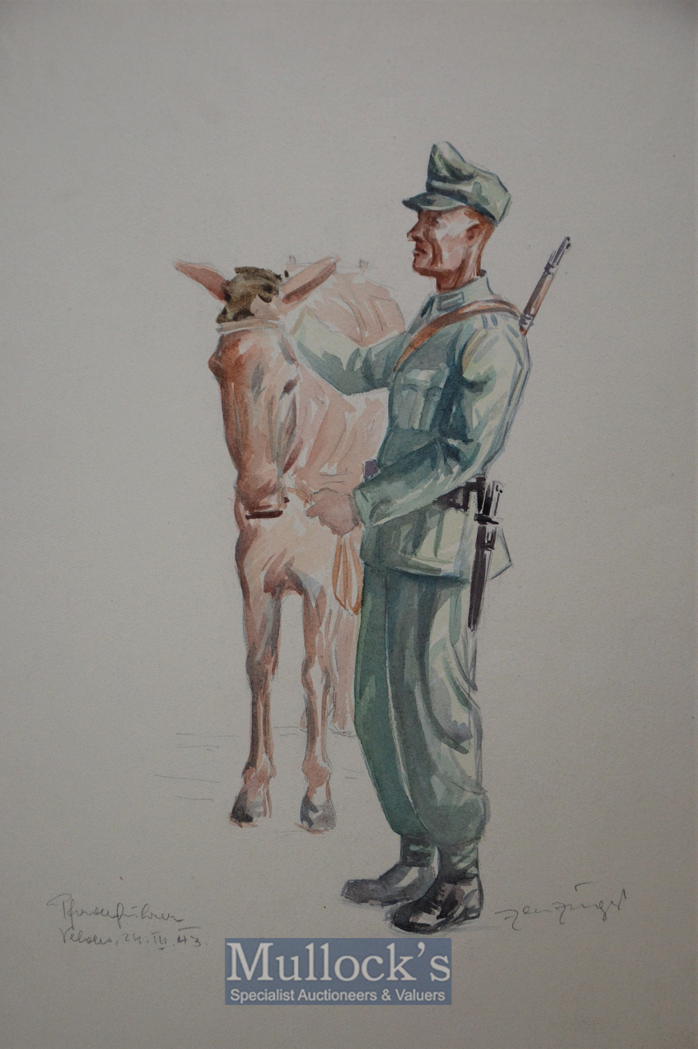 WWII Original Artwork Roman Zenzinger - water colour depiction of a German Army horse groom with a