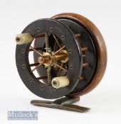 Rare ‘The Coxon Aerial’ 3” ebonite and mahogany centrepin reel having a mahogany backplate with