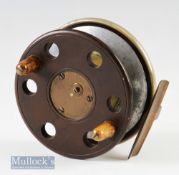 Unnamed Slater 4” ebonite and brass centre pin reel star back with nickel silver bound rim to