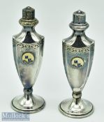 Silver plated Art Deco Golf Salt & Pepper: 2 vase shaped pots with enamel circular plaques