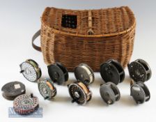 Fishing Creel^ Fly Reels and spare spool – the creel with leather strap (detached at one end)^