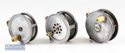 Early ‘Foster Ashbourne’ 3” alloy fly reel brass foot^ together with a J. Bernard & Sons 3 2/8”