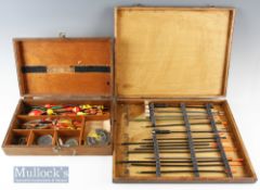 Wooden box containing assorted floats and quills including hardcork^ quills vintage floats^ hooks^