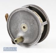 Un-named J W Young built 4” alloy Salmon fly reel wide drum with line^ smooth brass foot^ appears to