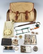 Nice Barbour canvas and leather fishing tackle bag and accessories having two front pockets^ water