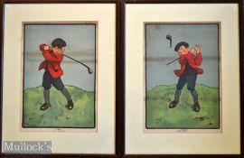 Pair of John Hassall R I original golfing coloured lithographs c1900 – titled “Fore!” and “