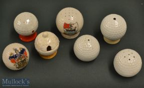 7x various ceramic souvenir and condiment golf balls - to incl Grafton China “Budleigh Salterton”