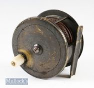 C Farlow 191 Strand London 4” wide drum all brass plate wind reel with four pillar construction^