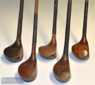 Mixture of scare head sized golf woods (5) – R Forgan Crown model brassie^ 2x T. Walker brassie