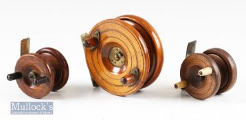 3x Wood Nottingham reels to include 3” Spine back with spring latch and 2x 2” iron strap back