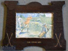 Set of 3 fine period decorative art deco style wooden golfing framed pictures – each with gilt