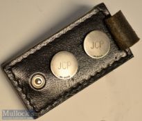 Pair of Silver Golf Ball Markers and leather case: each engraved JCP^ hallmarked Birmingham 1975