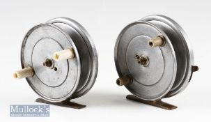 2x Un-named 3 ¾” centrepin reels built by JW Young both twin handle^ one with a lever check^ the