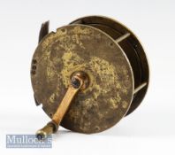 Unnamed unusual 4 ½” large brass folding crank wind salmon fly reel with straight arm fitted with an