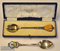 2x interesting Silver and enamel Golf Spoons – one with enamel finial mounted with Crown and