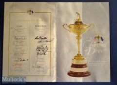 1995 Ryder Cup Oak Hill signed Farewell Dinner Menu – signed by both teams to the back “Ryder Cup