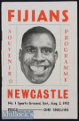 Very rare 1952 Newcastle (NSW) v Fiji Rugby Programme: With startlingly bold Fijian full face cover^
