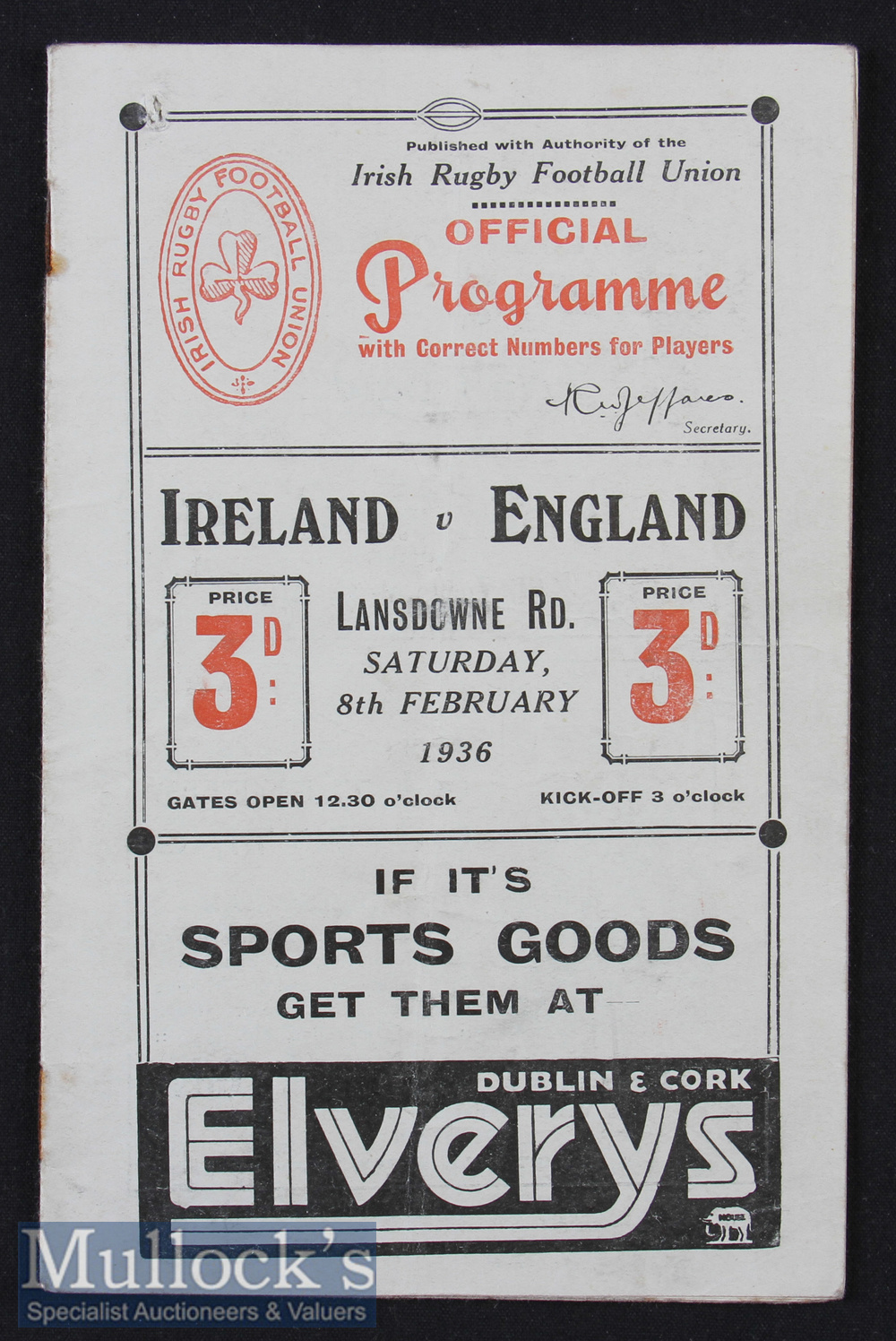 1936 Ireland v England Rugby Programme: Some wear but thoroughly acceptable detailed^ interesting