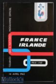 1962 France v Ireland Rugby Programme: Magazine-style issue. France became Champions. VG