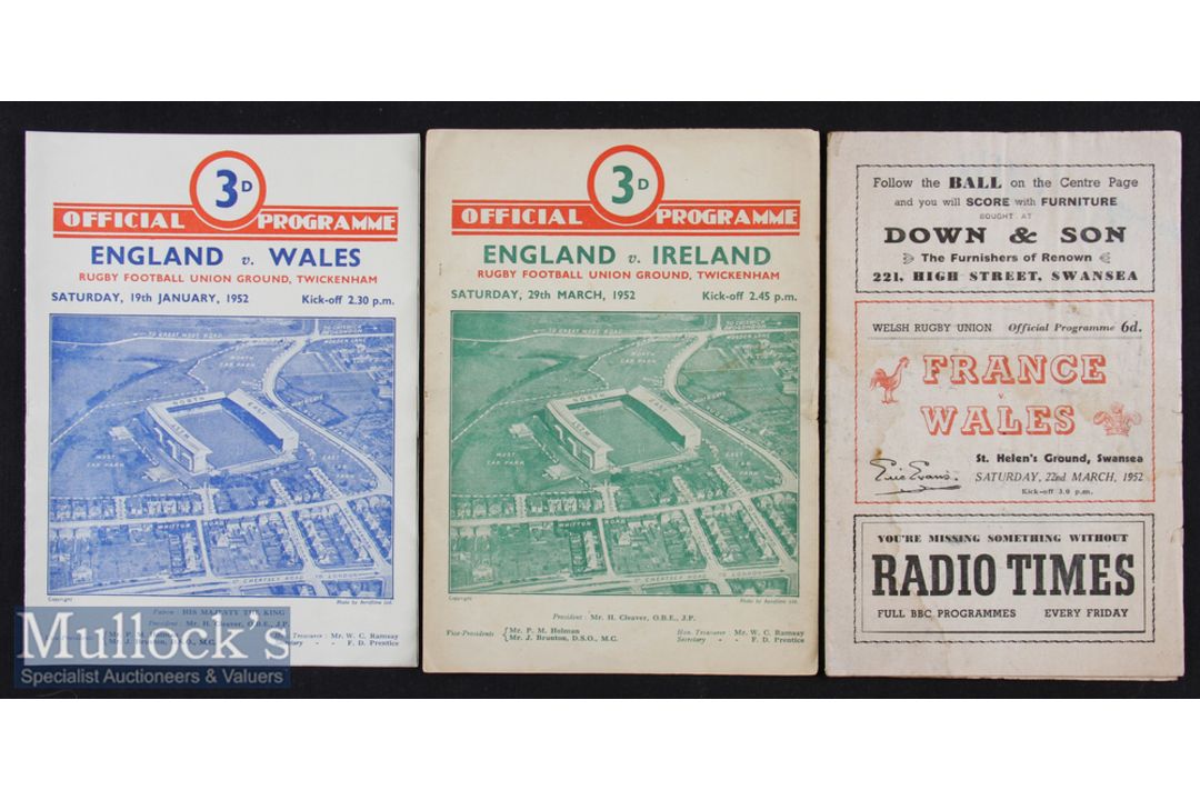 1952 Five Nations Rugby Programmes (3): Grand Slam season for Wales. Issues for England v Wales &