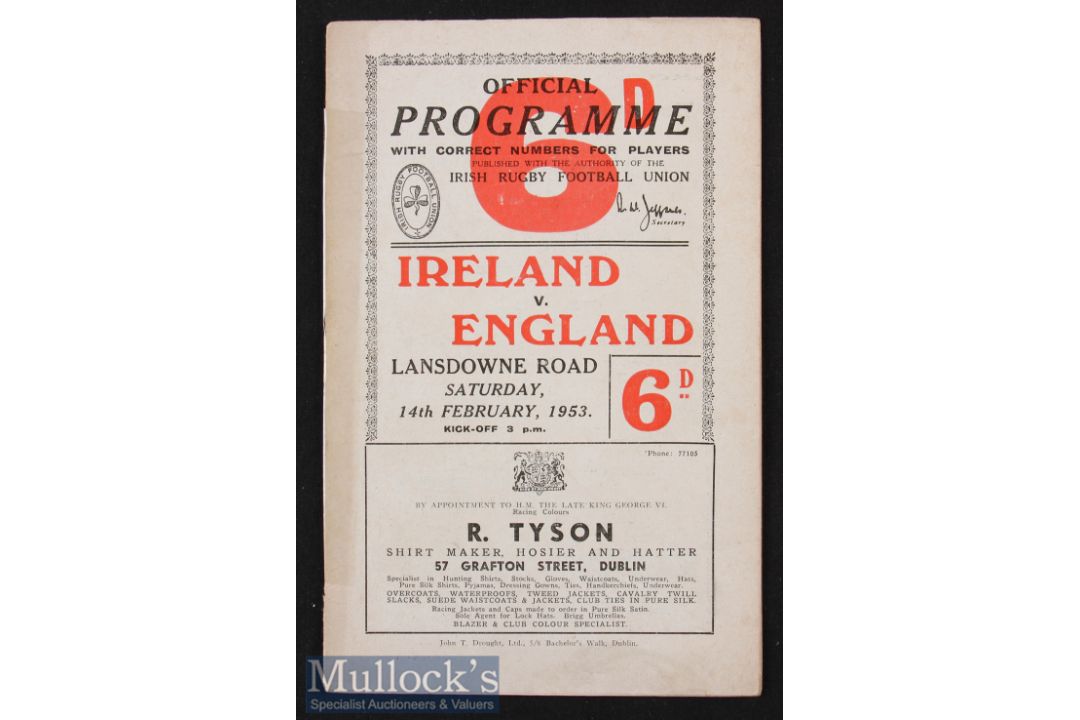 1953 Ireland v England Rugby Programme: England^ Champions to be^ away at Dublin. The issue has