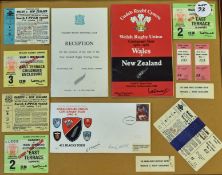 WRU Centenary Rugby Display: f&g 21” x 17”^ containing Tickets^ Programme^ Dinner Menu etc from