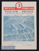 1949 England v France Rugby Programme: Pocket fold on otherwise splendid Twickenham 4pp card