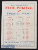 1930 England v France Rugby Programme: England champions^ the 4pp paper issue now with teams to