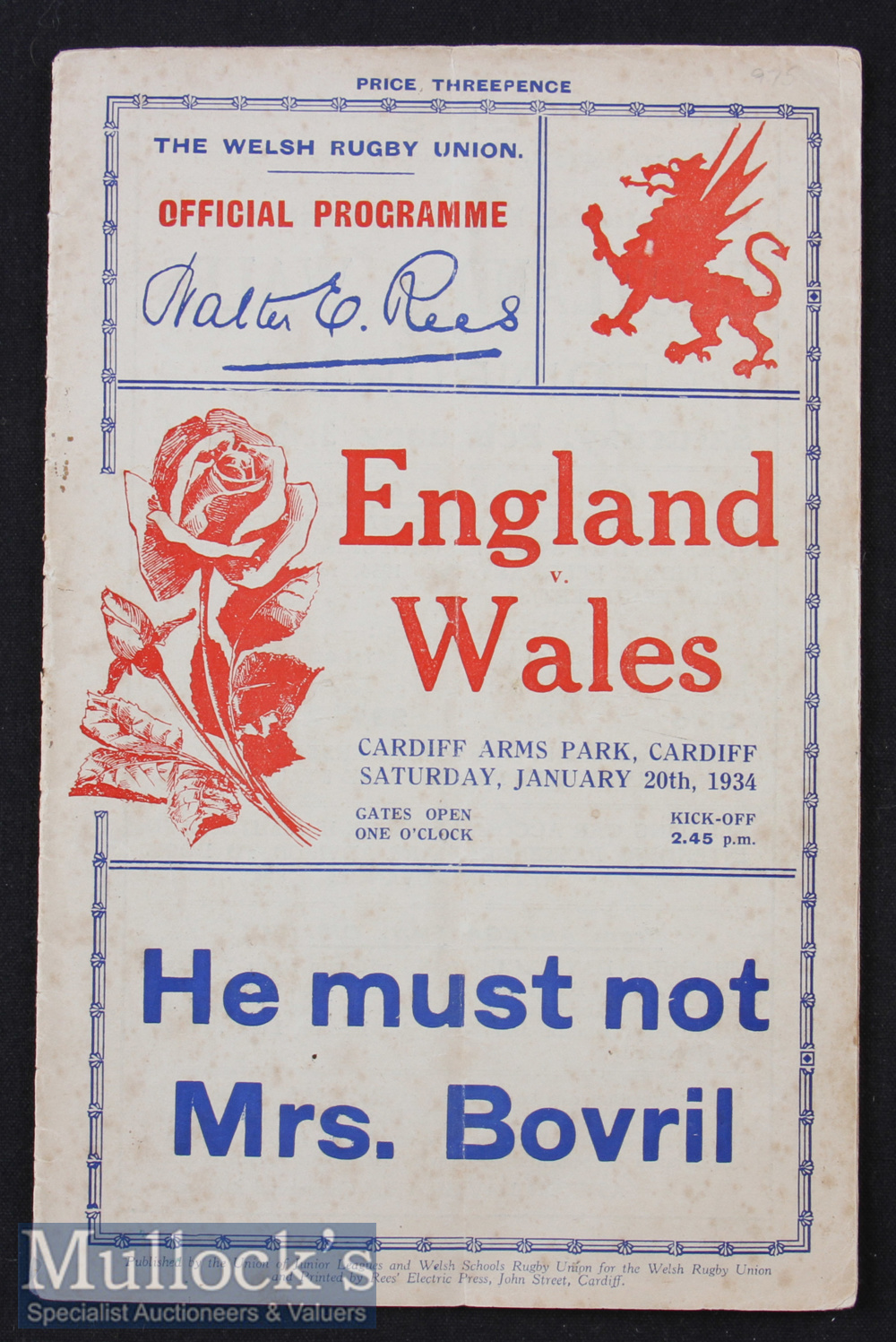 1934 Wales v England Rugby Programme: In an England Triple Crown/Champs season^ the by now