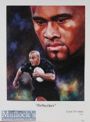 Rugby star the late Jonah Lomu New Zealand All Black colour print: approx 62cm x 48cm^ well framed &