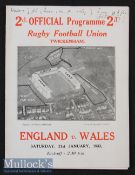 1933 England v Wales Rugby Programme: Famous first Welsh win at Twickenham^ 7-3. Score details