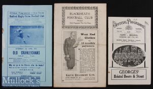 1930s Rare Club Rugby Programmes (3): Bristol v Bath^ Oct 1931; Blackheath v Blackwell^ March