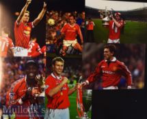 7x Signed Manchester United Colour Photographs Neville^ Bruce^ Fletcher^ Feeling^ Yorke^ Johnson and
