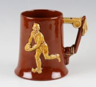 Fine Dartmouth Pottery Devon Handmade Rugby Tankard: (1pint) - brown^ decorated with gold rugby