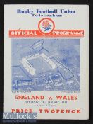 1935 England v Wales Rugby Programme: Clean sharp 4pp card with single pocket fold for another