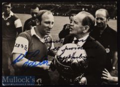Uwe Seeler and Josef ‘Sepp’ Herberger Signed Photocard both in ink^ depicts shaking hands^